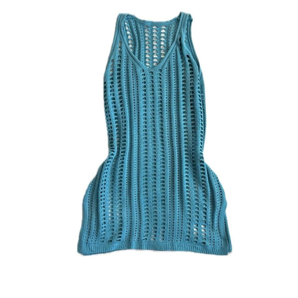 Vintage Y2K Open Knit Dress Blue Mini Crochet Size-L-XL